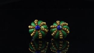 Italian enamel and gold clip on earrings, with green and blue enamel, stamped 18ct