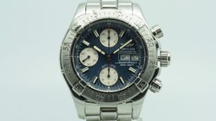 Gentlemen's Breitling Super Ocean, circular blue dial, 3 register chronograph, stainless steel