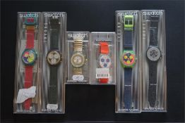 Group of Retro Swatch Chronograph Wristwatch, group of 6 swatch watches never worn in boxes, from