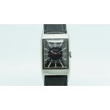 Gents LeCoultre Vintage Wristwatch, rectangular black dial with circular minute track with hour