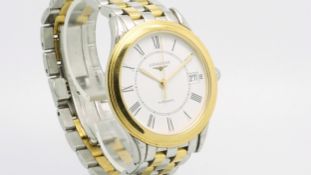 Gentlemen'sÂ Longines Bi Colour w/ Box & Papers, circular white dial with roman numerals and inner