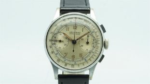 Gents Leonidas Vintage Chronograph Wristwatch, circular patina silver twin register dial with