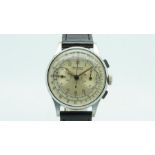 Gents Leonidas Vintage Chronograph Wristwatch, circular patina silver twin register dial with