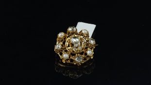 Diamond and pearl brooch, set with rose cut diamonds and four 4mm half pearls, set in yellow metal