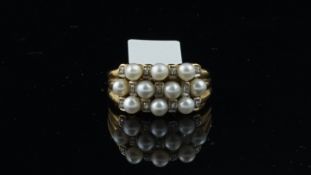 Three row pearl and diamond ring, bearing French marks, ring size P