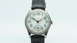 Gents Omega Vintage Wristwatch, circular white porcelain dial with large green arabic numerals and a