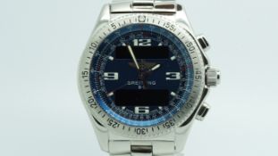 Gentlemen's Breitling B-1, circular blue dial with analogue and dual digital displays, 42mm