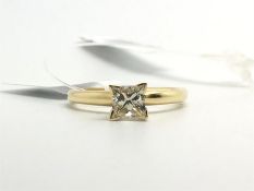 Single stone diamond ring, princess cut diamond, four claw set in 14ct yellow gold, ring size M1/2