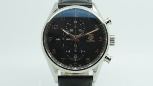 Gentlemen's Tag Heuer Carrera Chronograph Wristwatch, circular black triple register dial with hands