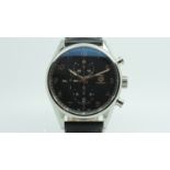Gentlemen's Tag Heuer Carrera Chronograph Wristwatch, circular black triple register dial with hands