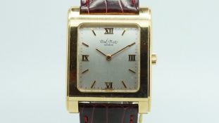 Gents Paul Picot 18ct Gold Wristwatch, square silver dial with gold baton and Roman hour markers,