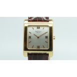 Gents Paul Picot 18ct Gold Wristwatch, square silver dial with gold baton and Roman hour markers,