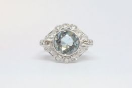 Art Deco style aquamarine and diamond ring, 10mm round cut aquamarine in a diamond set Deco style