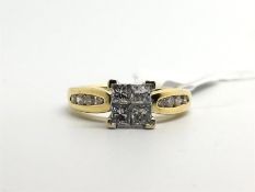 Diamond ring, central four princess cut diamonds with diamond set shoulders, mounted in 18ct