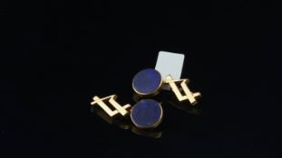 Pair of French lapis lazuli cufflinks, circular disc of lapis lazuli with a chain link connection to