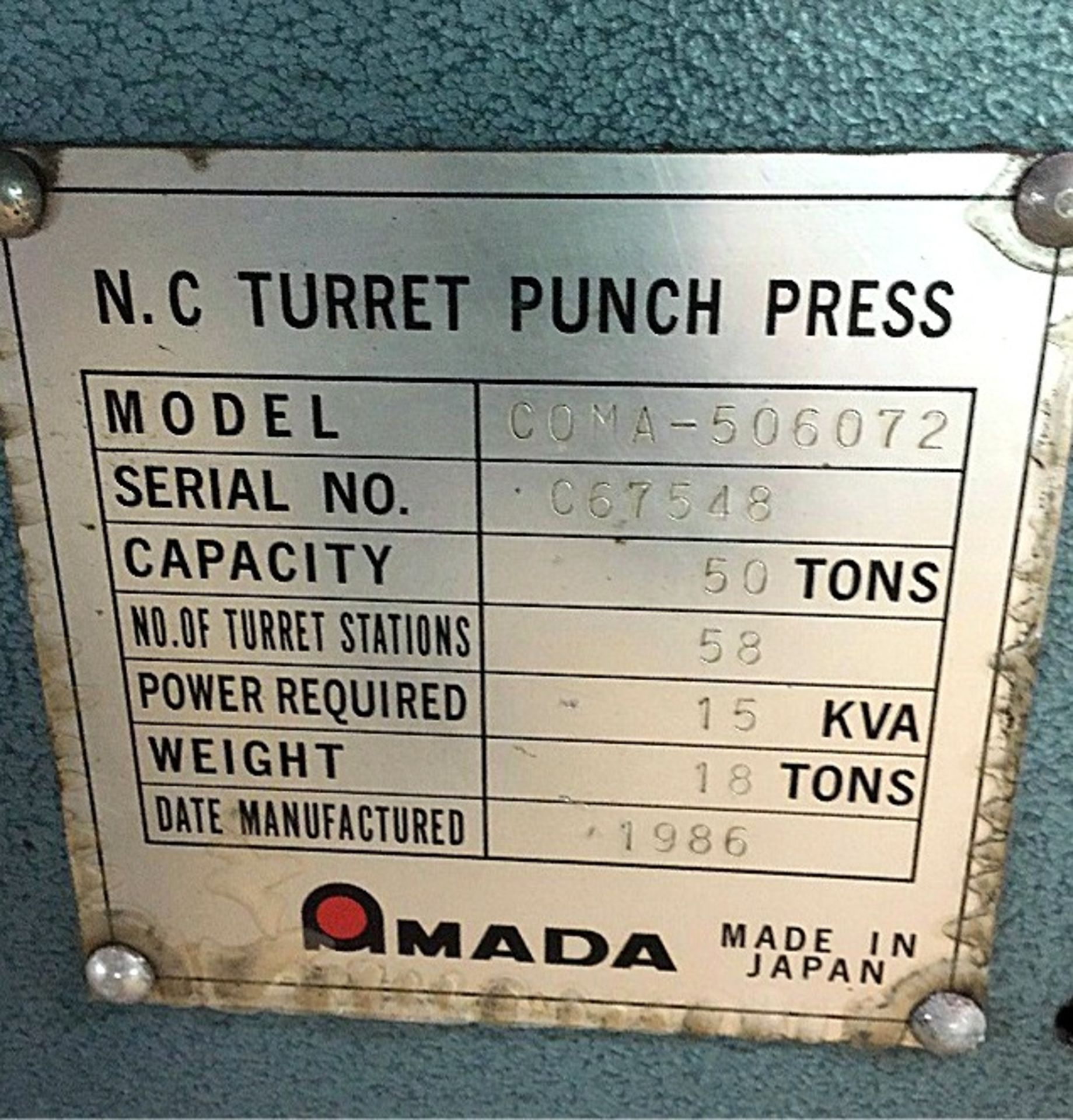 Amada Coma CNC Turret Punch, Mdl Coma 567, - Image 6 of 11