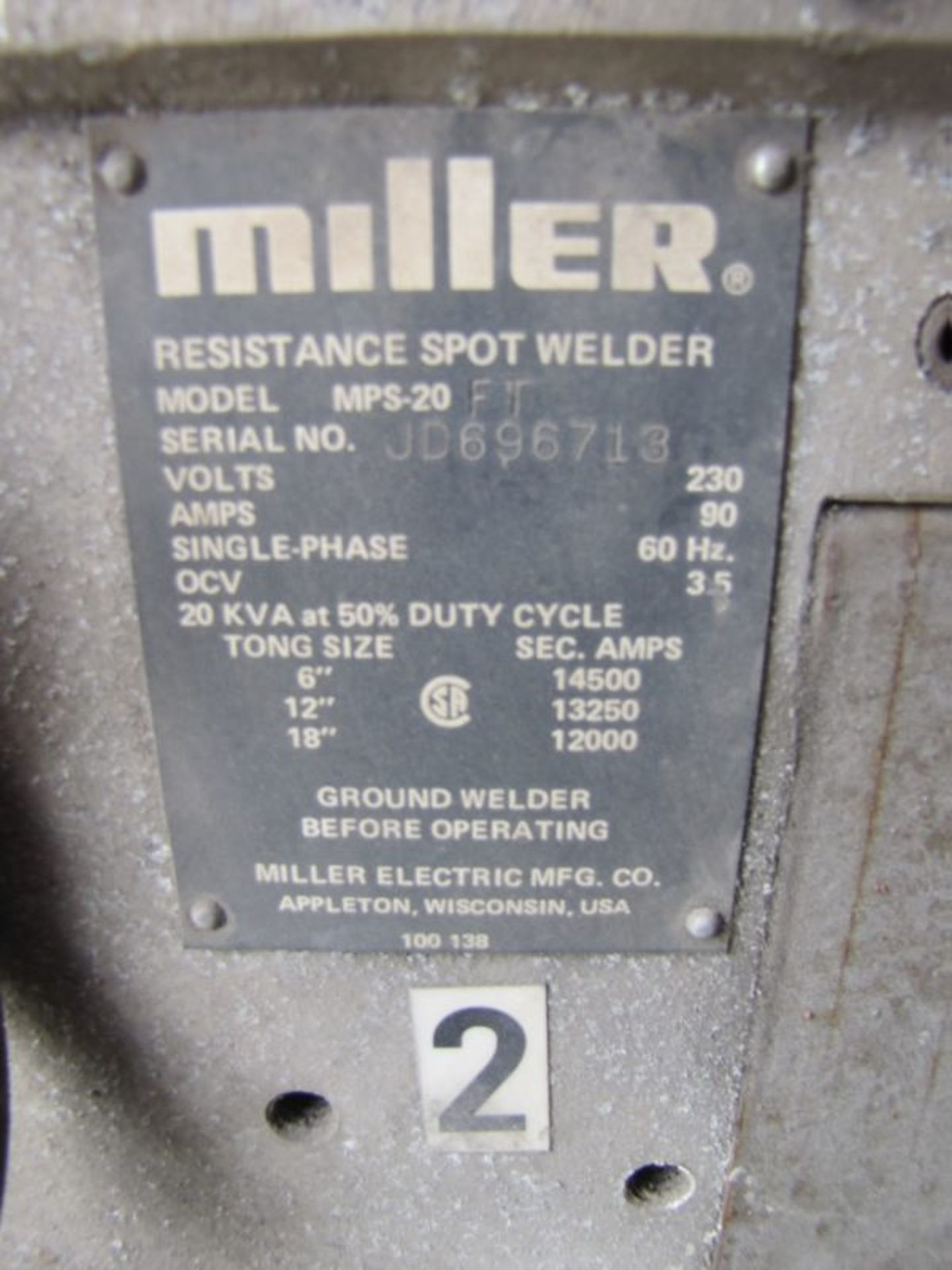 Miller Model MPS 20 FT Resistance Spot Welder, Volts 230, Amps 90, Single Phase 60 Hz, OCV 35, 20 - Image 3 of 3