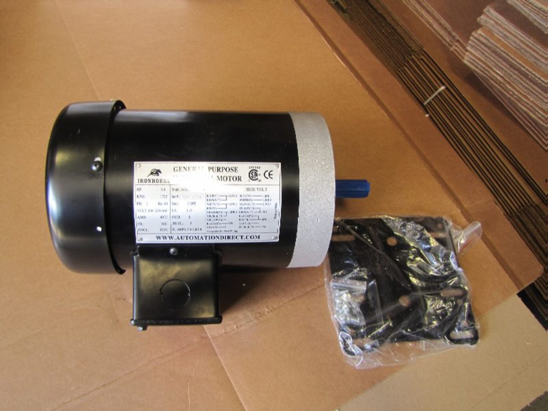 Never Used Ironhorse Model MPR-P75-3BD18 ¾ Horse Power Motor,Volts:208-230/460, 3 Phase, 1725 RPM's