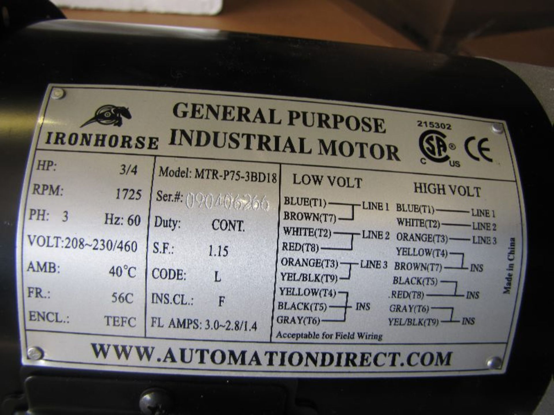 Never Used Ironhorse Model MPR-P75-3BD18 ¾ Horse Power Motor,Volts:208-230/460, 3 Phase, 1725 RPM's - Image 2 of 2