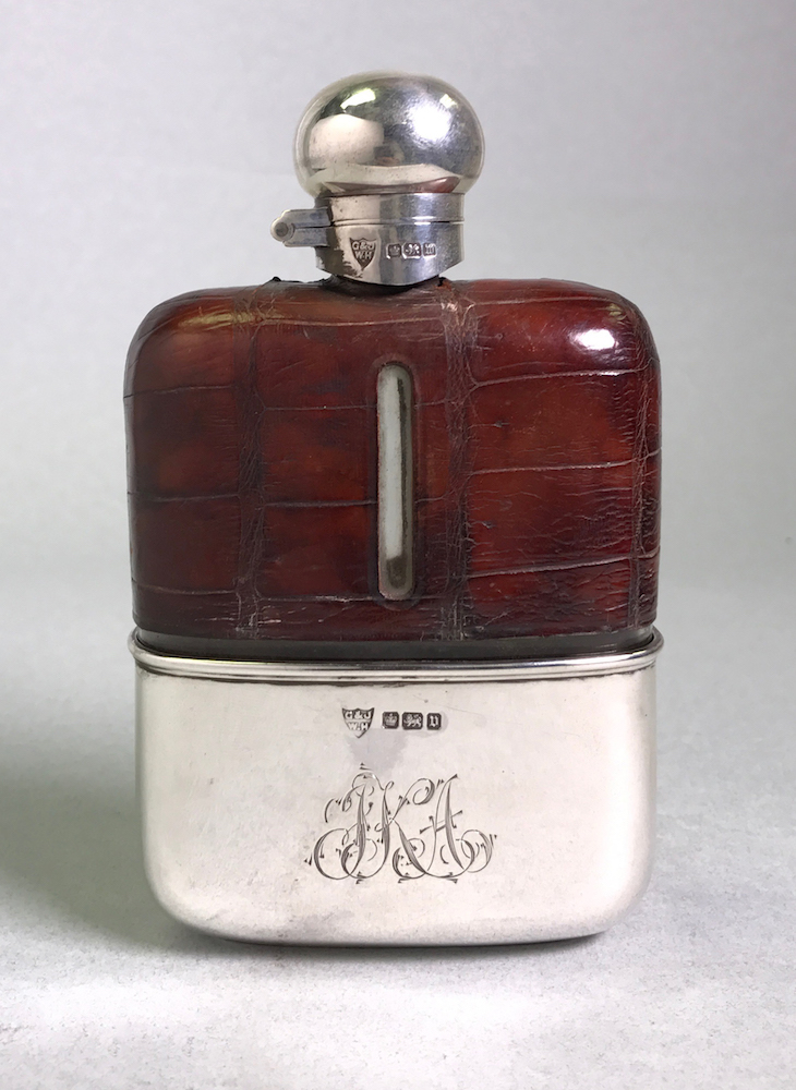 A George V Silver and Leather Hip Flask, G & J W Hawksley, Sheffield, 1913 and 1914,