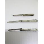 Three Victorian silver and mother of pearl handled fruit knives