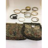 Collection of bangles including silver and gold filled 2 embroidered evening bags