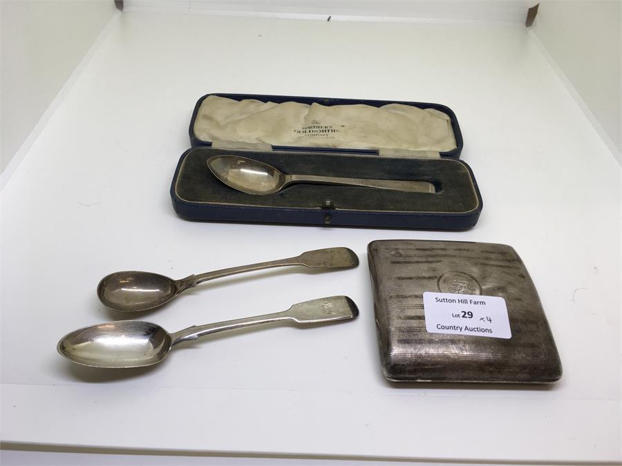 Collection of silver items cigarette case and spoons