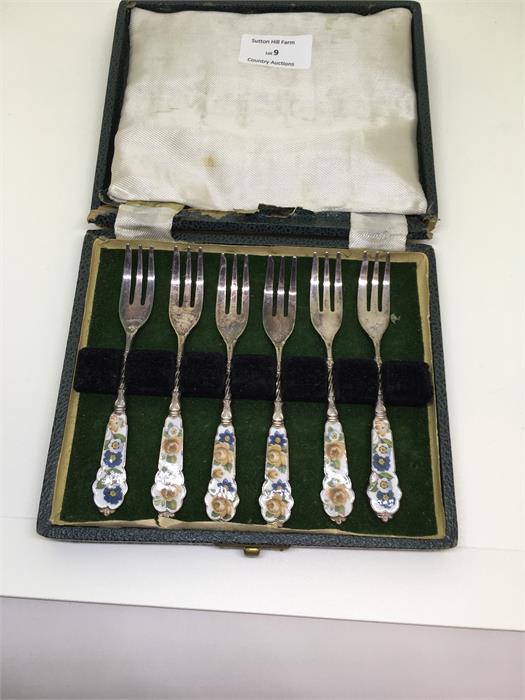 Continental silver and enamel pastry forks