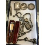 Collection of silver items watch chains crowns fob