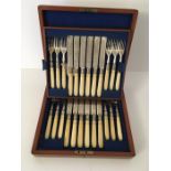 Box set of 12 Victorian ivory handle fish knives and fork's