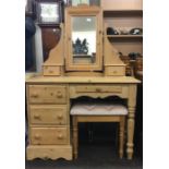 Pine Dressing Table, 6 Drawers Inc Mirror and Stool