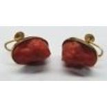 Pair Carved Cameo Coral Ear Rings set in Gold