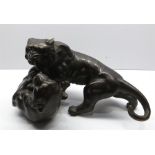 Antique Asian Oriental Cast Bronze Fighting Tigers