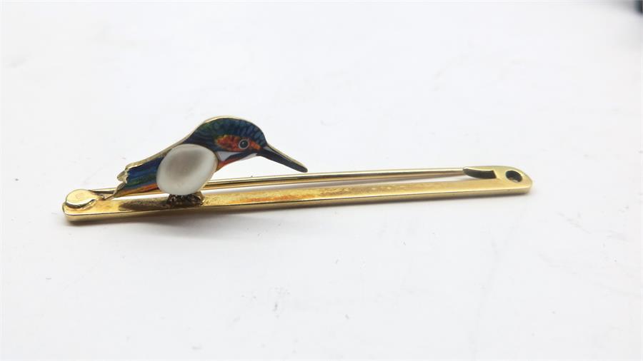 Antique Boxed 15ct gold Pearl Set Enamel Kingfisher Bar Brooch - Image 3 of 4