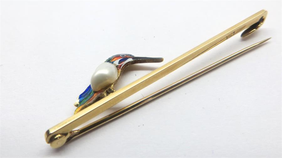 Antique Boxed 15ct gold Pearl Set Enamel Kingfisher Bar Brooch - Image 4 of 4