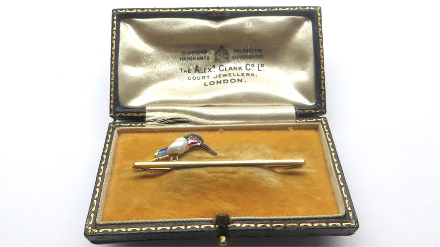 Antique Boxed 15ct gold Pearl Set Enamel Kingfisher Bar Brooch