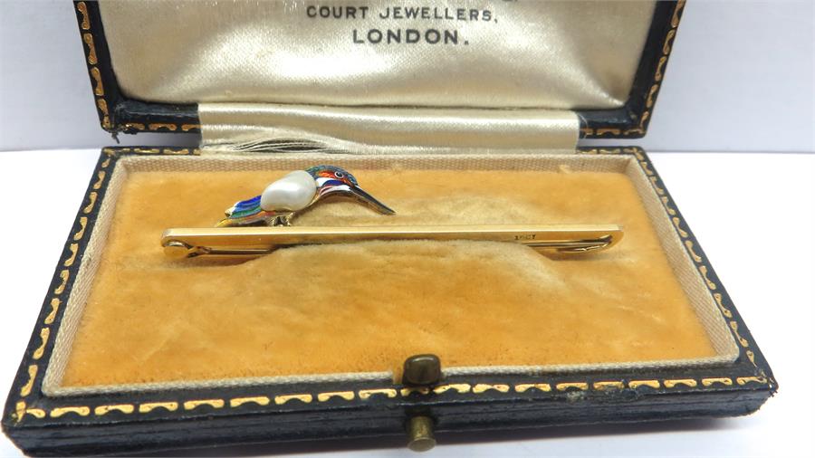 Antique Boxed 15ct gold Pearl Set Enamel Kingfisher Bar Brooch - Image 2 of 4