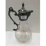 Antique Etched Glass Claret Jug, plated top glass in good condition no cracks