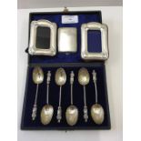 Collection of Silver Items, Inc match striker, picture frame and tea spoons