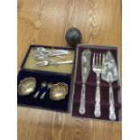 SiIver plated boxed salts plated servers & hallmarked silver apple jar which is dented and has worn