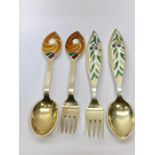 2 Pair Of Silver & Enamel Denmark Year Spoons And Forks by A.Michelsen 1970 & 1971