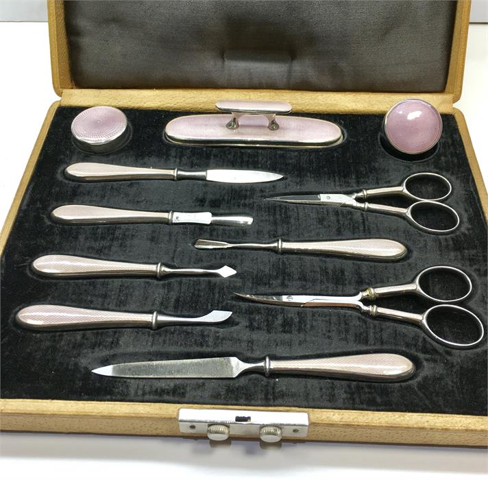 Boxed Antique Silver Plated & Enamel Manicure Set - Image 3 of 4