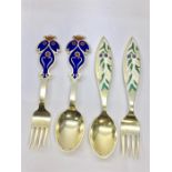 2 Pair Of Silver & Enamel Denmark Year Spoons And Forks by A.Michelsen 1970 & 1974