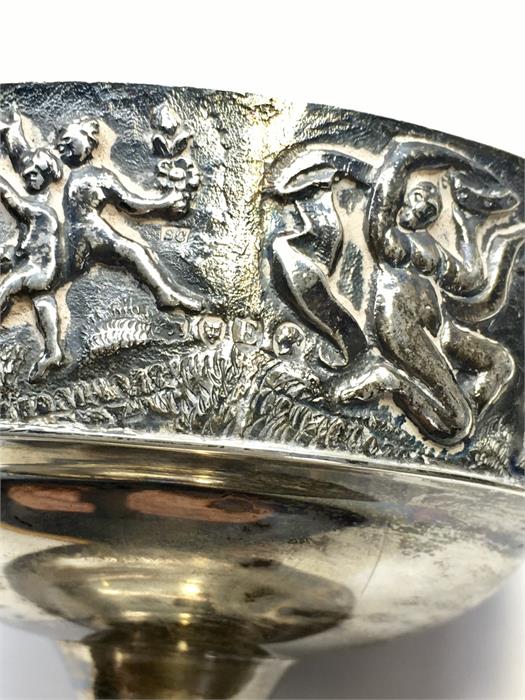 Victorian Silver Bowl full London silver Hallmarks embossed figures on border - Image 3 of 3