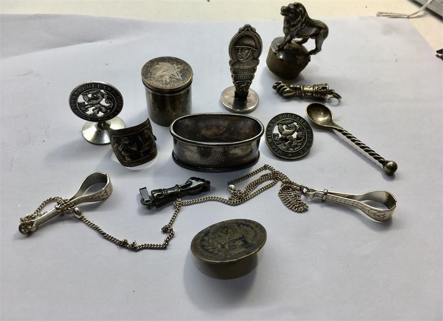 collection of continental silver items includes lidded pill box 1939 seal pendants etc