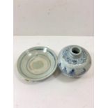 2 Ming Period Chinese Blue & White Saucer & Small Vase one with old museum Label