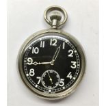 Military WW2 Pocket watch Black Dial Ticking when wound up measures approx 52mm