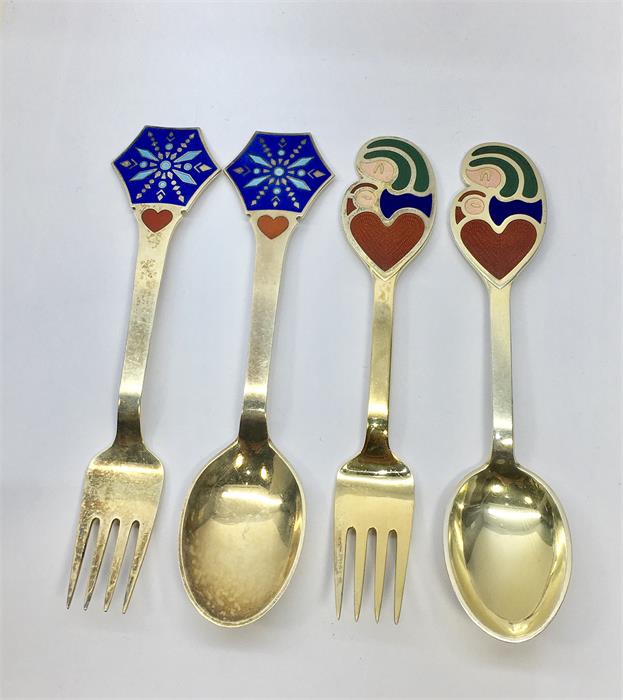 2 Pair Of Silver & Enamel Denmark Year Spoons And Forks by A.Michelsen 1968 & 1976