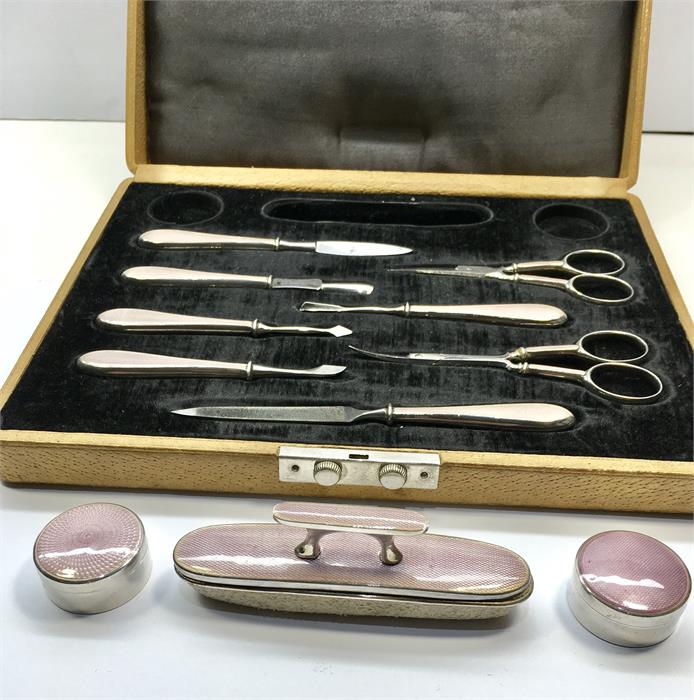 Boxed Antique Silver Plated & Enamel Manicure Set - Image 4 of 4