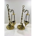 Antique Indian Snake Brass Candlesticks & hanging Baskets each measures approx 15ins tall in good co